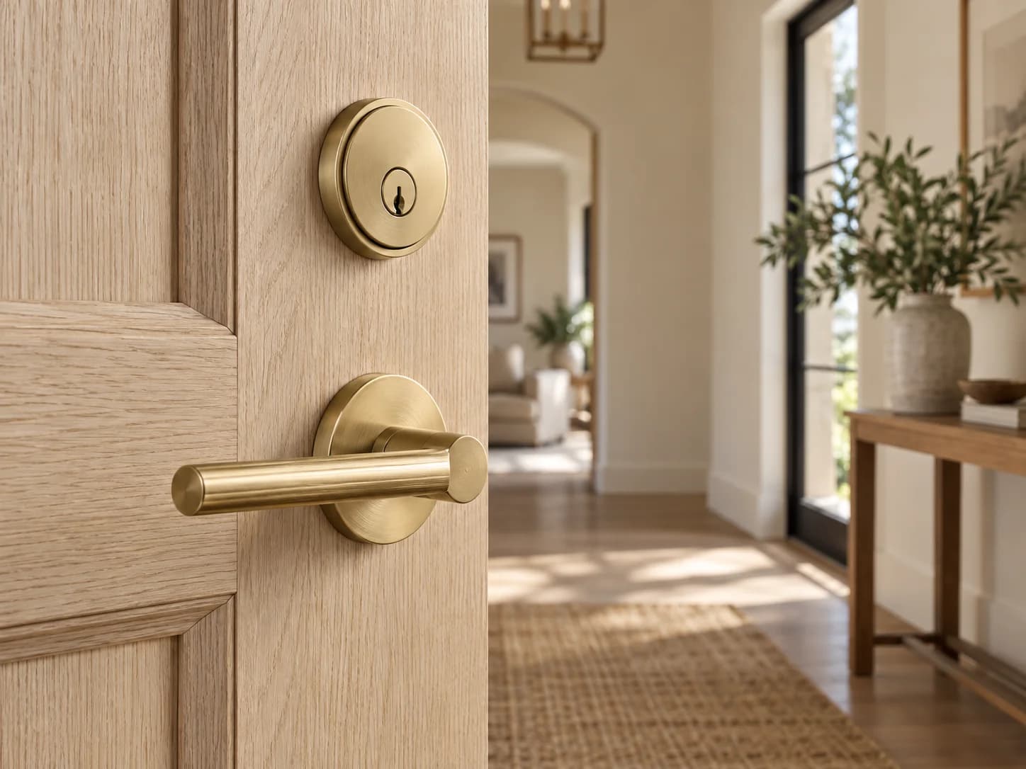 Brass deadbolt and handle on a natural oak front door