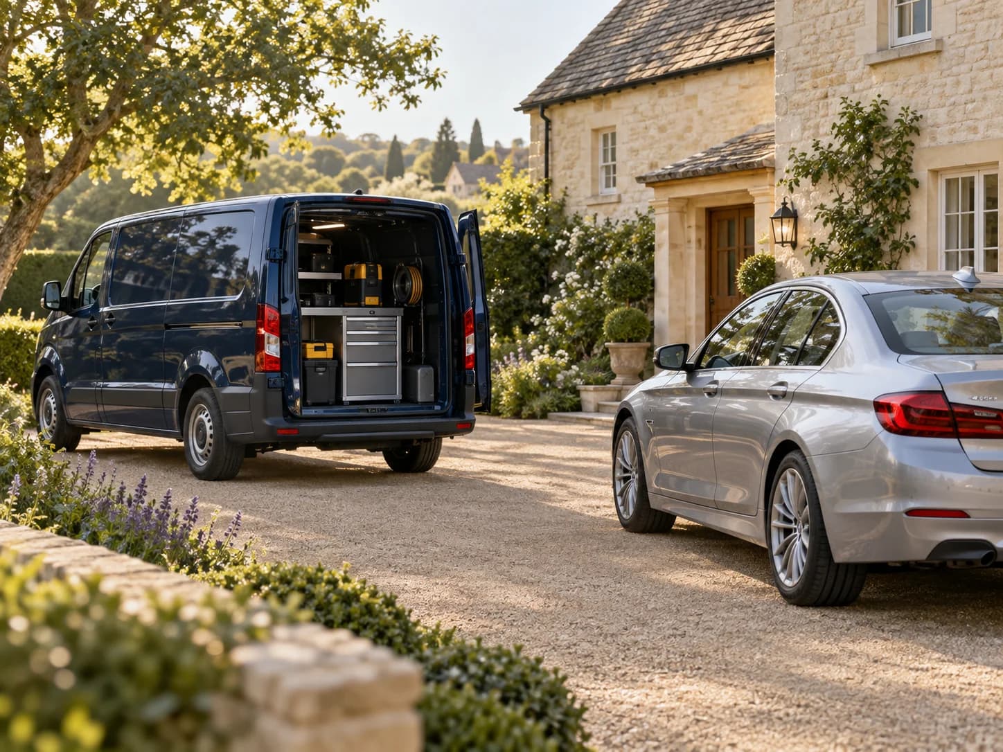 Mobile service van beside a silver car